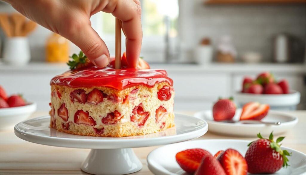 Poking holes in the jello poke cake